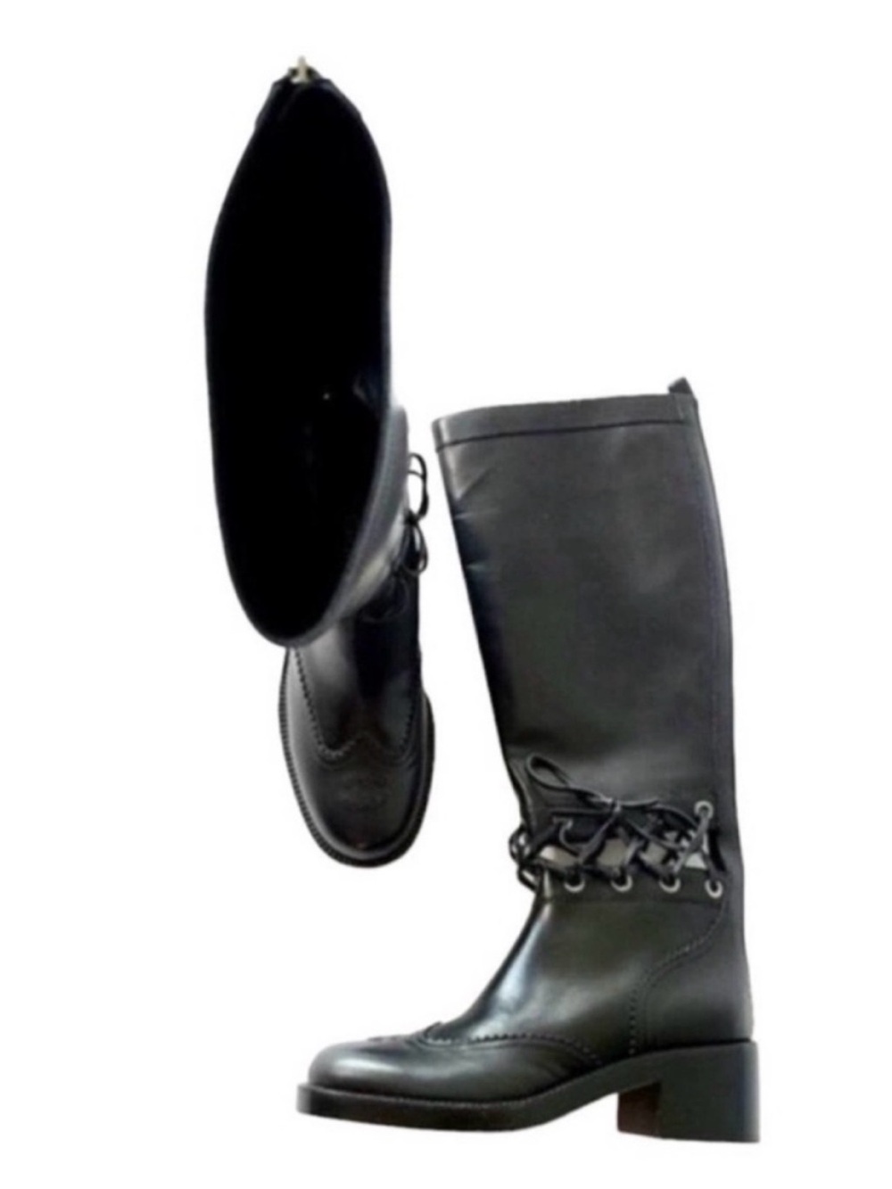 CHANEL Lagerfeld Fall 2016 Black Leather Knee High Laced Equestrian Riding Boot - Picture 5 of 14